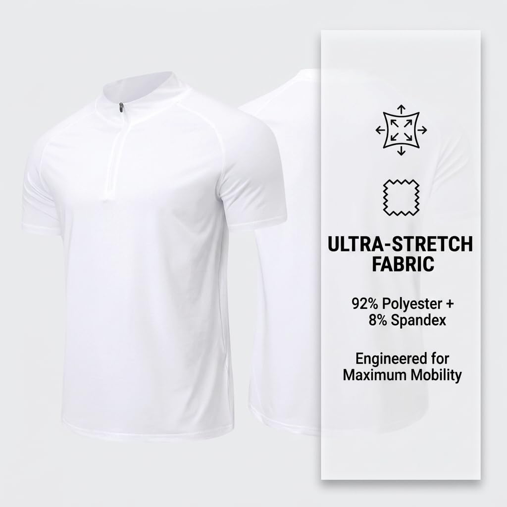 Herren-Pullover mit Viertelreißverschluss, kurzärmelig, schmale Passform, Stehkragen, dehnbares Sport-T-Shirt