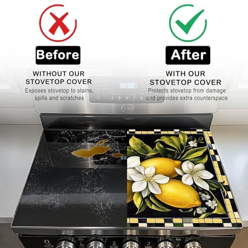 Image of Nuxovilar Stove Top Cover Glass Stove Top Cover Protector Lemon Floral Pattern Polyester Diatomaceous Earth Mixture 28.65x20.47inch Decorative Kitchen Mat Countertop, Dining Table, Coffee Bar