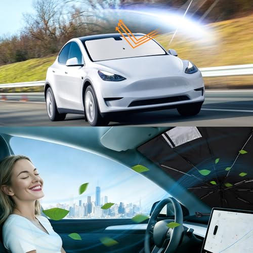 Image of Windshield Sun Shade Umbrella for 2017-2026 Tesla Model Y Model 3 | Full covered for windshield, Block UV Rays, Heat Reduction, Easy to install, Durable & Fold Up Small