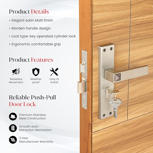 Image of LAPO Mortise Door Lock for Home Main Door & Bedroom with Handle - 45x45mm Body - 3 Brass Keys - Heavy-Duty 60mm Cylinder - Left-Right Fit 30-50mm Door Home Office Hotel | Matt Finish | CY-132
