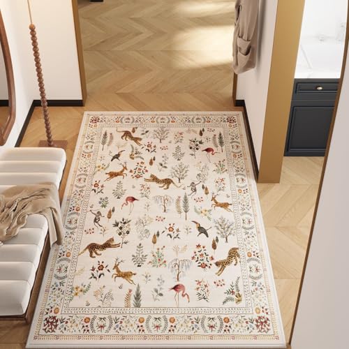 Bedroom Rug 3x5 Rug Washable Area Rug Non Slip Low Pile Boho Floral Animal Small Carpet for Bedroom, Bedside, Kitchen, Entryway, Kids Room, Office, College Dorm Essentials for Girls (Beige)
