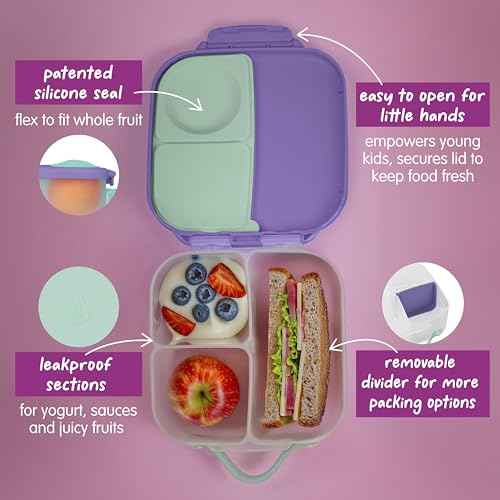 Image of b.box Mini Lunch Box Kids | 4.25 Cup Leak Proof Bento Box for Kids Ages 3+ | 3 Compartment Snack Containers, School Lunch Container, Dishwasher Safe, BPA-Free, PFAS-Free - Lilac Pop