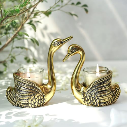 Image of BEHOMA Set of 5 Pair Aluminium Golden Swan Candle Holders with Gift Box