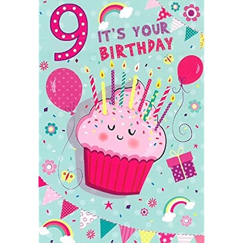 Age 9 Girl Birthday Card - 9th Birthday Pink Cupcake and Candles 7.75x5.25" Cover