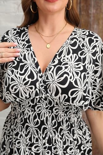 Image of OSTOO Women's Plus Size Hawaii Empire Waist Bat Short Sleeve Casual Floral Print Boho Maxi Dress