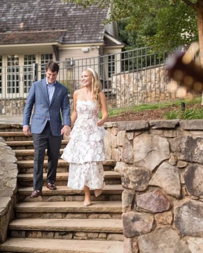 3D Floral Embroidery Prom Dresses Strapless Ruffle Tiered Midi Formal Dress Tea Length Wedding Guest Dress2