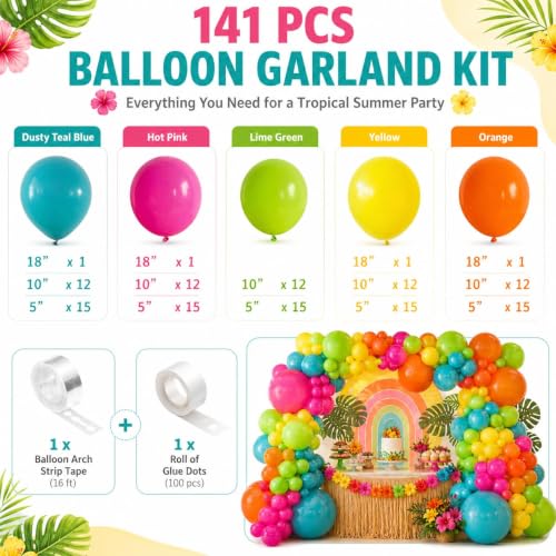 Image of 141 Pcs Rainbow Neon Balloon Arch Kit, Hot Pink Lime Green Orange Slate Blue Yellow End of Summer Tropical Balloon Garland for Hawaiian Luau Aloha Birthday Pool Back to School Party Decorations