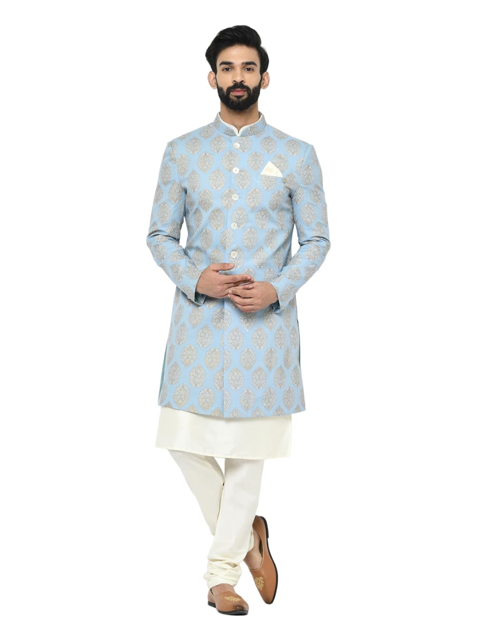 kisah Men's Kurta Indo-Western Sherwani Churidar Set, Blue Cotton Blend, Printed Regular Fit Mandarin Collar Full Sleeves (XS)-picture-12