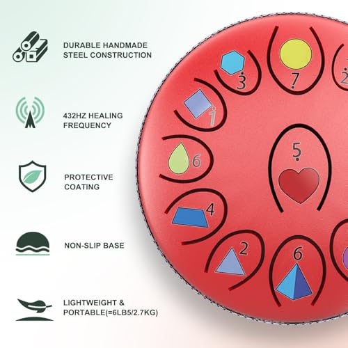 Image of REGIS Rain Drum for Outside Garden, 6.8 Inches 13 Notes Steel Tongue Drum, Waterproof Meditation Rain Chime, UV-Printed Notes & Geometric Design, with Bag, Mallets & Music Book(red)