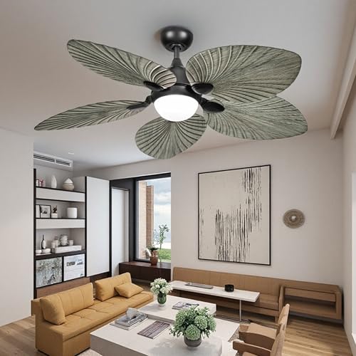 DWVO 52" Indoor Ceiling Fan with Light Kit & Remote - Tropical Palm Leaf Blades, Reversible Quiet DC Motor, 6-Speed Settings for Bedroom, Living Room, Dining Room