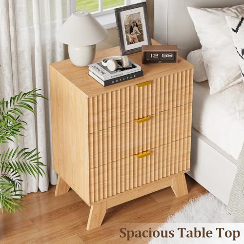 Image of Fluted Nightstand Sets of 2 with 3 Large Drawers, Wooden Side End Table with Elevated Legs for Easy Cleaning, Sturdy Modern Beside Table for Small Space, Bedroom, Oak, 24 inch L