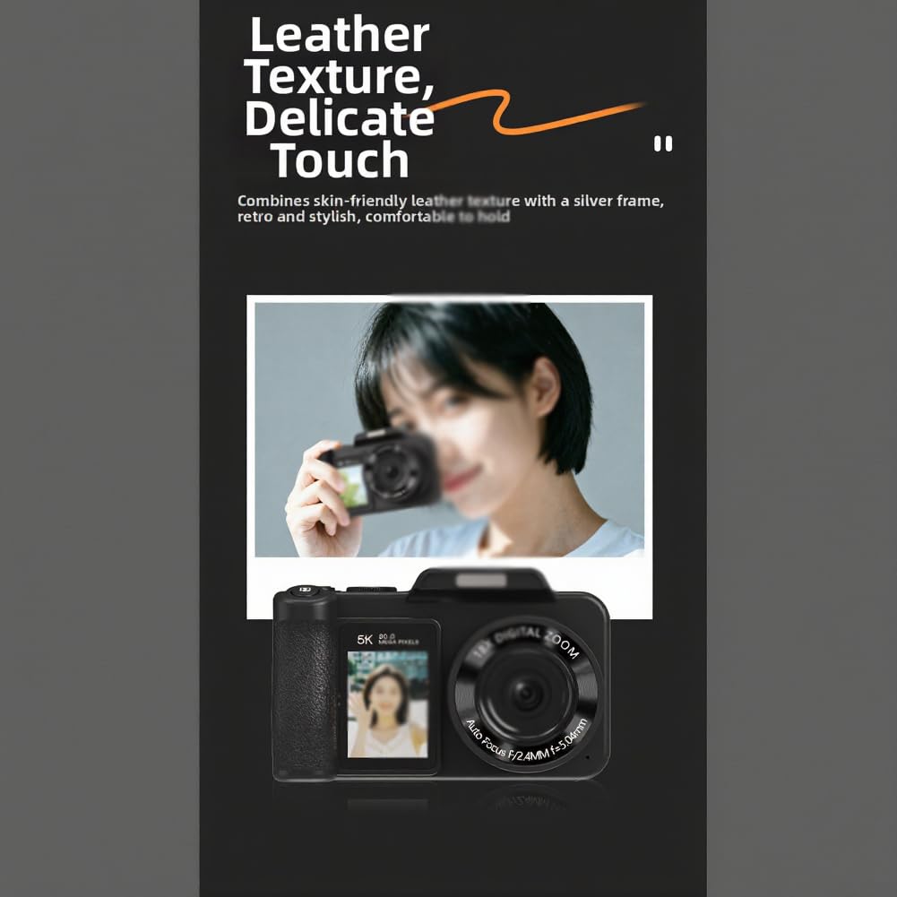 Fotocamera digitale 5K 80MP per fotografia, autofocus, torcia regolabile, zoom digitale 18x, fotocamera da viaggio per principianti, obiettivo grandangolare e macro (nero)