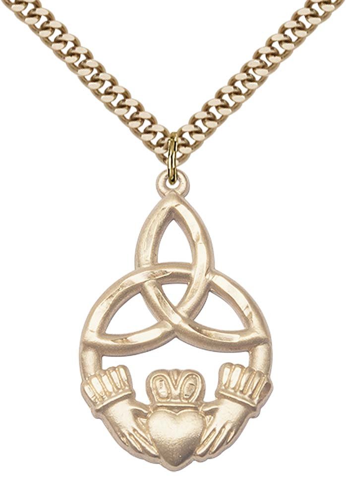 Gold Filled Irish Knot/Claddagh Pendant 1 1/4 X 3/4 inches with Heavy Curb Chain
