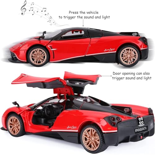 Image of Pagani Huayra 1:32 Die-Cast Metal Toy Car | Alloy Pull Back Sports Model with Openable Doors, Light & Music | Miniature Car Toy for Kids & Boys | Best Gift for Car Lovers | Colour as Per Stock