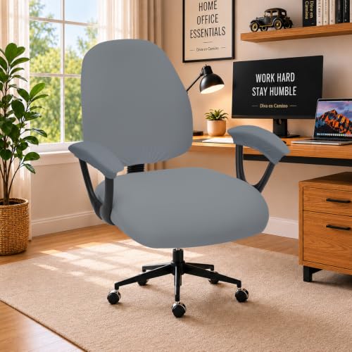 Image of Super Stretchable Separate Office Chair Seat Covers - Universal Spandex Computer Chair Slipcover - Rotating Backrest Coverings & Cushion Protectors & Armrest Covers for Dogs, Cats, Pets, Mid Gray