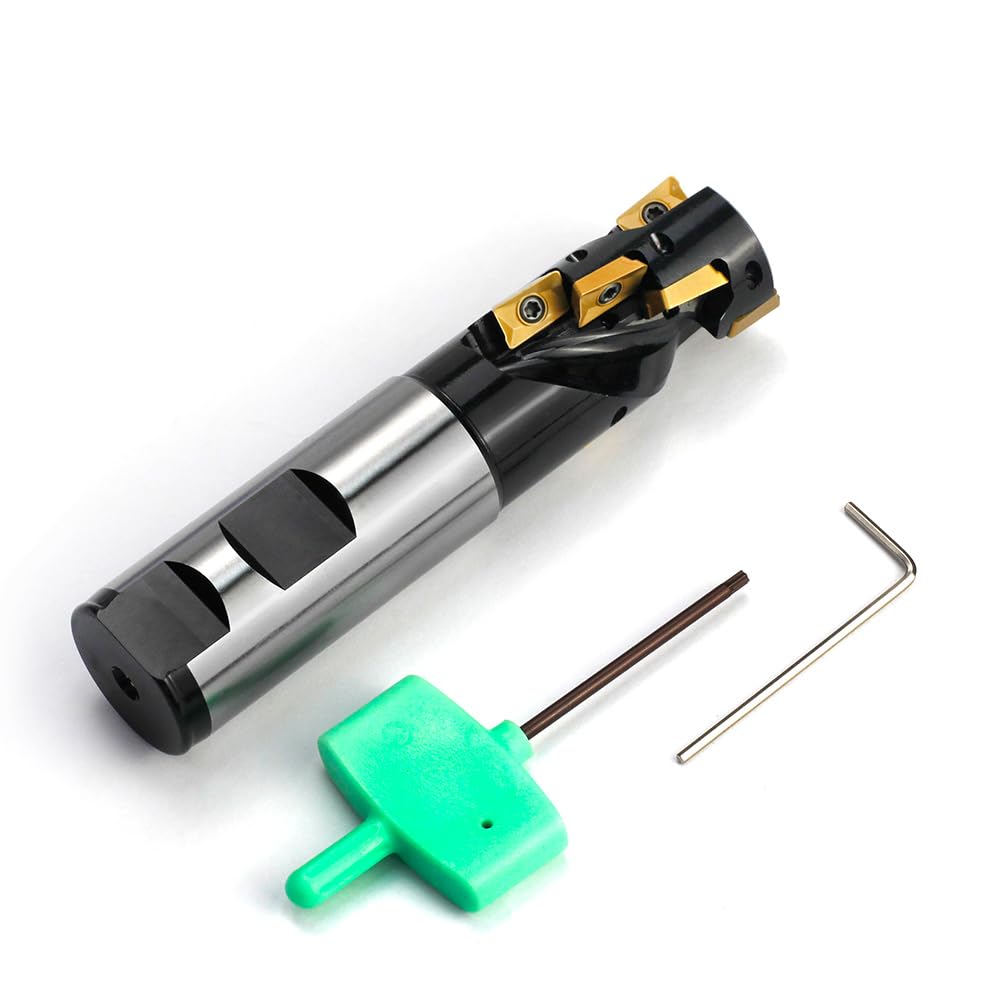 OSCARBIDE Heavy Duty Indexable End Mill, 1" Shank, 1" Cutting Dia, 4-1/4" Length, 2 Flutes, Right Hand, 8 pcs APKT1003 Inserts