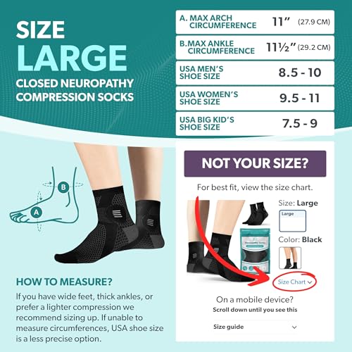 Image of BraceAbility Diabetic Socks - Closed Toe Neuropathy Socks for Women and Men, Foot Pain Relief, Circulation, Anti-Neuropathy, Foot Fatigue, Compression Nerve Support - 1 Pair (Large Black)