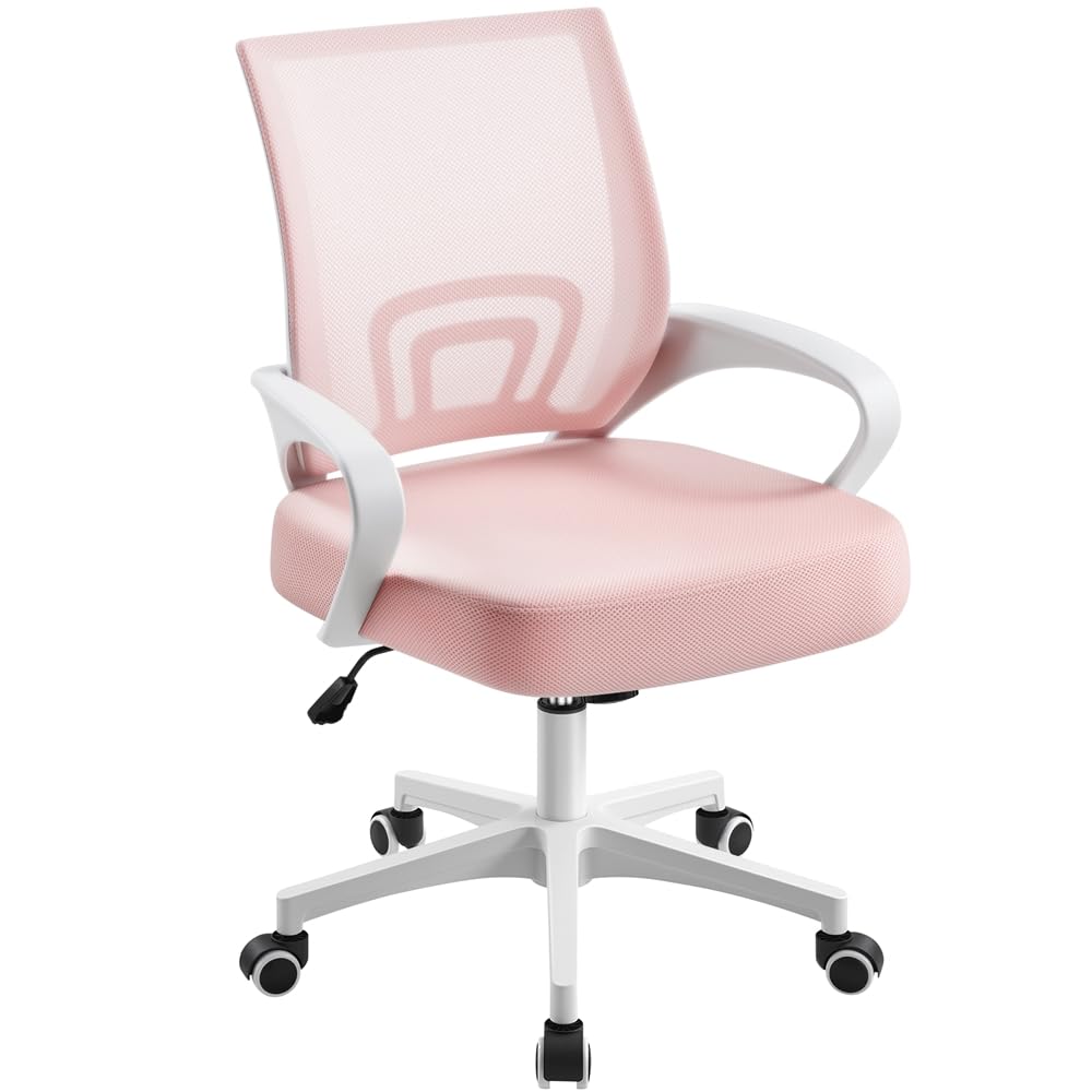 Yaheetech Office Desk Chair Mesh Ergonomic Chair with Lumbar Support Adjustable Height Breathable Back Swivel Chair Tilt Function for Office Capacity Max136 KG Pink