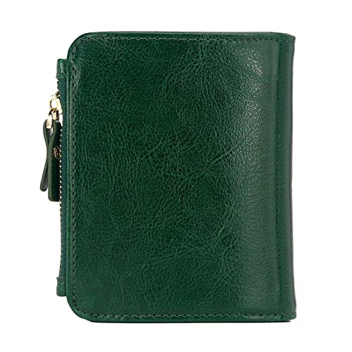 Image of Women's RFID Mini Soft Leather Bifold Wallet With ID Window Card Sleeve Coin Purse, Waxed Green, Modern