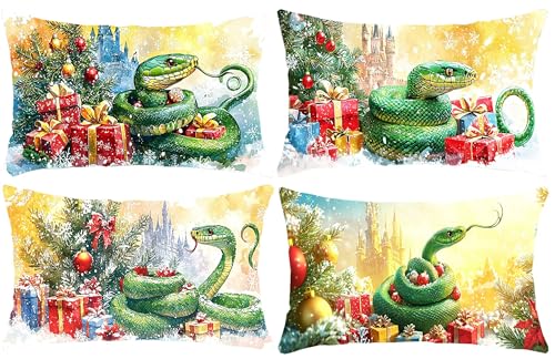 Funda de Cojines 35x70cm Rectangular Funda de Cojín, Terciopelo Cojines Sofá Funda de Almohada Decorativo Para Silla Cama Habitación Dormitorio Salón Sala de Estar 4 Piezas - Serpiente navideña D-778