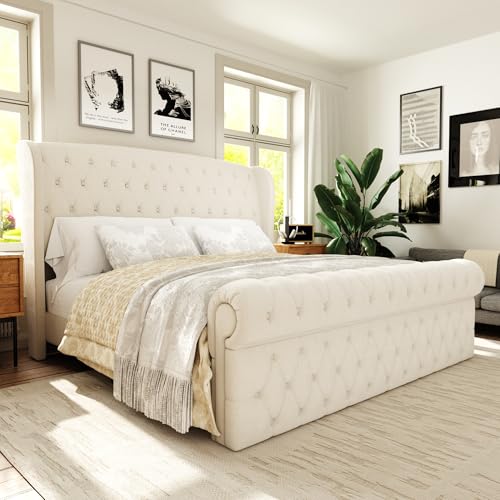 GLOLLOSPARK King Upholstered Sleigh Bed Frame with 52' Tall Wingback Headboard, Noise-Free, Soft Chenille Fabric, Anti-Collision Rolled Tops on Footboard, Easy Assembly, 2 Package in All, Cream
