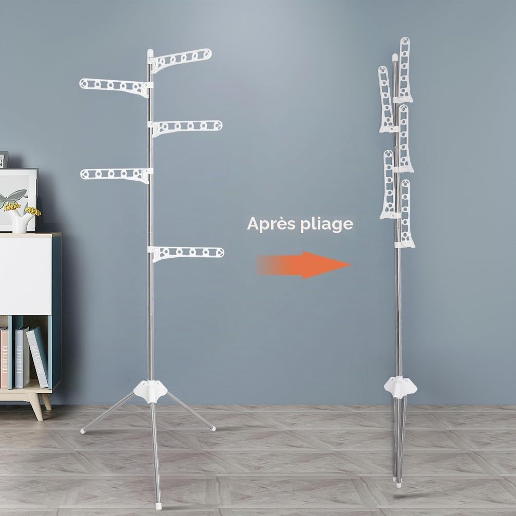 BAOYOUNI Sechoir à Linge Étendoir Pliable en Métal Trépied Etendoir à Linge Rabattable avecà 5 Bras Peu Encombrant Facile à Installer, pour Intérieur et Extérieur, Ivoire