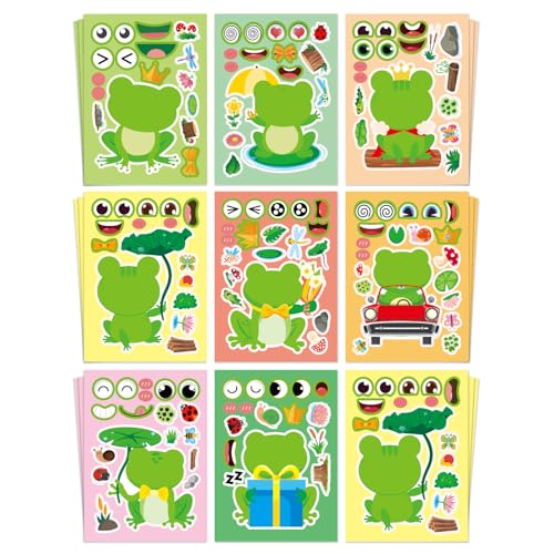 Aowplc 32 Sheets Frog Make-a-Face Stickers for Kids 8 Cute Designs Frog Craft Activities & Party Favors