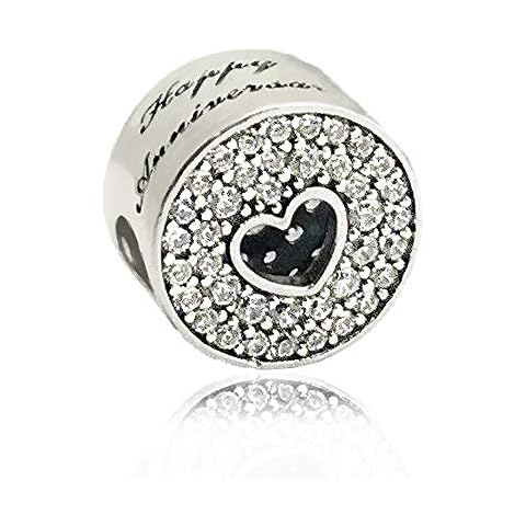 MiniJewelry Happy Anniversary Love Heart Charm fits Pandora Moments Bracelets Women Wife Celebration Bead Cover