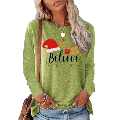 Chemise de Noël manches longues femme, t-shirt col rond chapeau de Père Noël pour l'automne