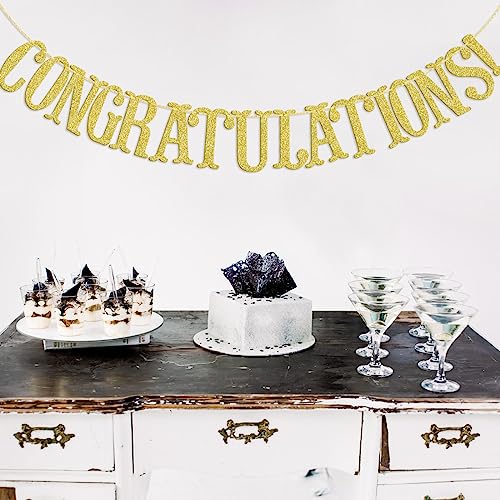 Image of Congratulations Banner, Graduation Party Decor | Gold Glitter Congrats Sign for Retirement, Wedding, Job Promotion Party Decorations, Pre-strung