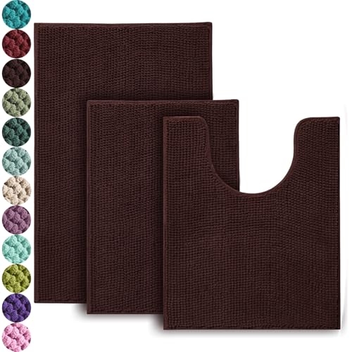 Urvoix Bathroom Rugs Set - 3 Pieces Ultra Soft Non-Slip Bath Mats Chenille Absorbent Bath Rugs for Bathroom Tub and Shower (Chocolate Brown)