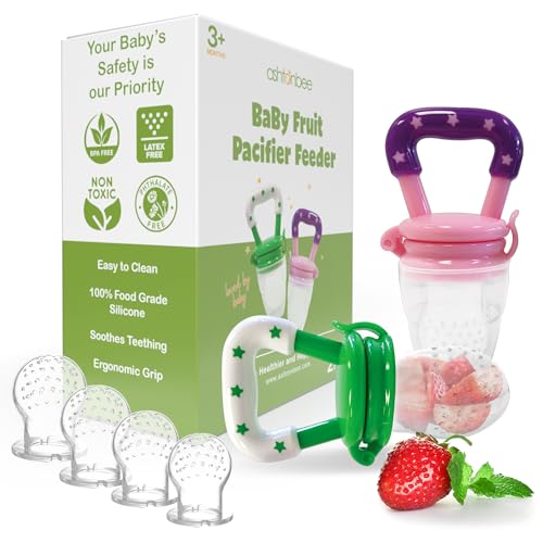 Image of Baby Fruit Pacifer Feeder 2 Pack Perfect for Introducing Solid Foods 6-12 Months Fresh Food Feeder Baby Chupon para Frutas de Bebe (Pink and Green) - Ashtonbee
