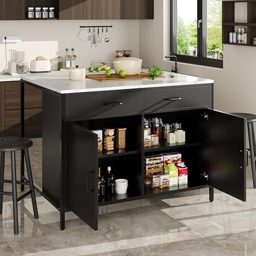 Huayz Isla de cocina, armario de cocina con 2 cajones, mesa de desayuno, bar, isla de cocina con estantes, isla de cocina, isla de cocina con encimeras de mármol, 100 x 90 x 90 cm, patas ajustables