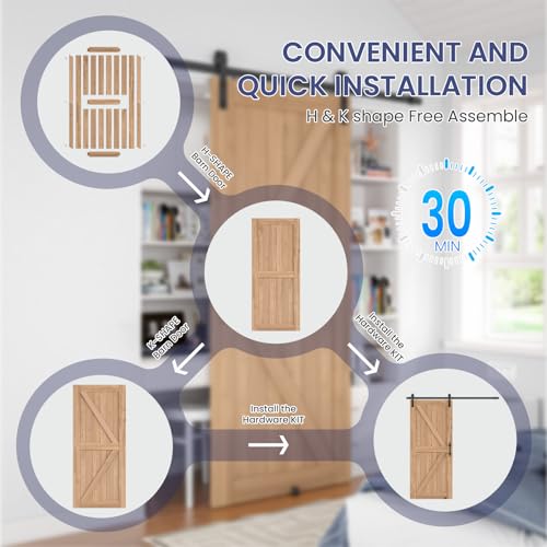 Image of SMARTSTANDARD 36 inch x 84 inch Carbonized Sliding Barn Door with 6.6FT Hardware Kit Included, Assembly Required, Lockable, Thermally Modified Wood, Brown