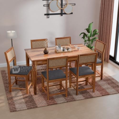 Image of DRIFTINGWOOD Amber Solid Sheesham Wood 6 Seater Dining Table Set with Rattan Back Chairs | Grey Velvet Cushioned Seating for Home & Dining Room (Natural Finish, DIY)