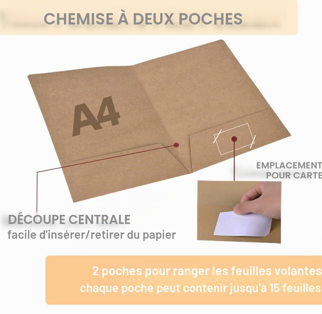 Lot de 10 Facile d'accès Chemise Cartonnée avec Rabat à Deux Pochettes A4 Papier Kraft Dossier de Rangement Dossier de Candidature Porte Document Organisateur pour Société Bureau Maison Scolaire