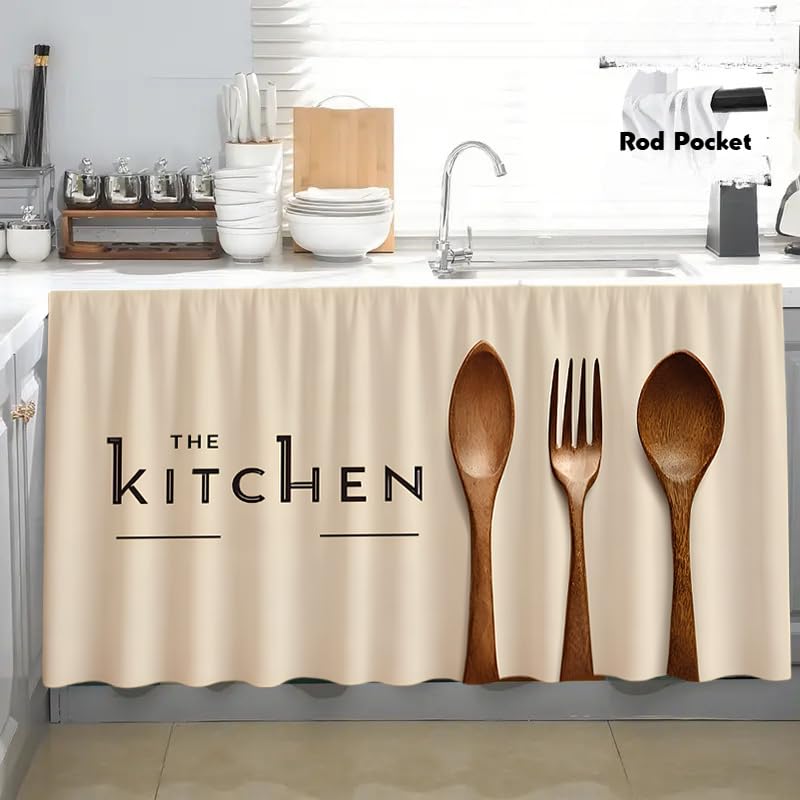 Image of Premium Printed Kitchen Sink Curtain | Washable & Dustproof Rod Pocket Counter Skirt | Perfect for Any Sink | Multicolor Cooking Theme Decor for Home & Kitchen(150cm X 70cm) (Cream)