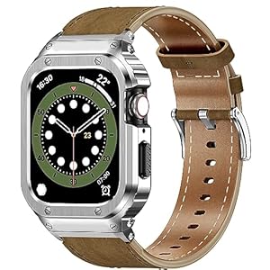 SUPLINK Stainless Steel Case and Bands Compatible with Apple Watch Band 38mm 40mm 41mm 42mm 44mm 45mm 49mm,Leather Strap Rugged Cover for iWatch Series Ultra 9 8 7 6 5 4 3 2 1 SE
