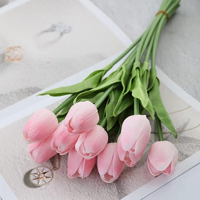 WoFLoo Artificial Tulip Flowers Bunches for Vase Home Decoration Items for Living Room Corner Table Top Bedroom Wedding Party (without pot) (BABY PINK)
