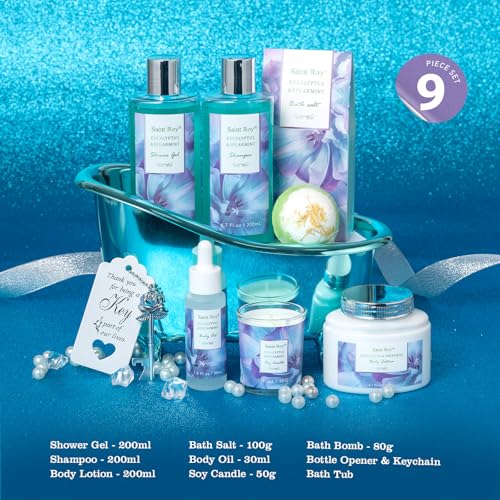 Image of Bath and Body Basket Set EUCALYPTUS & Mint Spa Gift Basket for Women, Unique Bath Gift Baskets Gifts, Home Spa Kit Christmas Gifts for Women, birthday gift baskets for Dad Mother's Day
