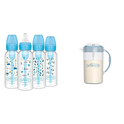 Dr. Brown's Anti-Colic Options+ Biberón estrecho, Blue Nature, 8 onzas, pezón de flujo lento nivel 1, 0.0 ft+, 4 unidades y jarra de mezcla de
