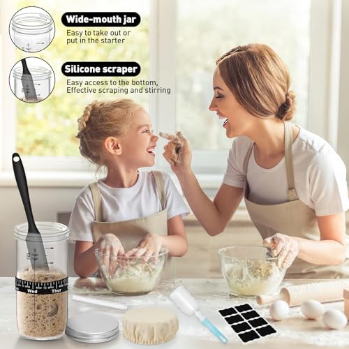 LUOJINYI Sauerteig Starter Set, Fermentationsglas, Brot Backen Zubehör,730MLl Brotbackzubehör, Sauerteig Glas mit Aluminiumdeckel, Gärtuch, Temperaturband, datiertes Zuführband, Silikonspatel