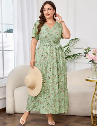 Image of ShopWonder Womens Plus Size V Neck Wrap Maxi Dress High Waist Ruffle Summer Casual Dress with Belt