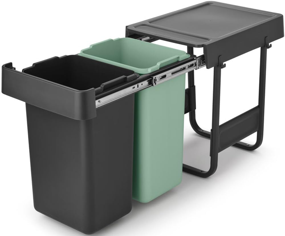 Brabantia Sort & Go Pull Out Trash Can | 2 x 4 Gal Built-in Under Kitchen Sink Cabinet Garbage Can | Integrated Double Sliding Recycling Unit, Smooth Rails, Removable Buckets | Gray & Green