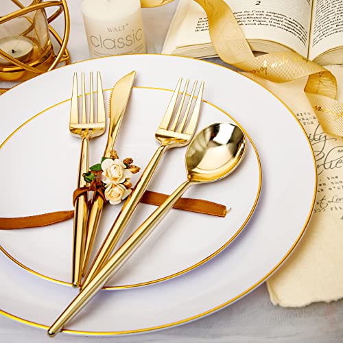 Rubtlamp 180Pcs Gold Plastic Silverware,Luxury Gold Plastic Cutlery,Heavy duty Golden Disposable Flatware, Utensils Set Disposable Include 60Gold Forks,60Gold Spoons,60Plastic Knives for Party,Wedding - Image 5