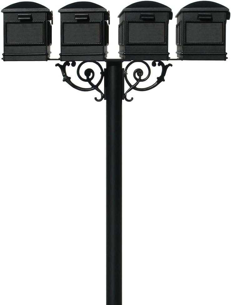 The Hanford Rust Free Cast Aluminum Quad Mailbox Post System with 4 Lewiston Mailboxes, Mounting Bracket and Scroll Supports, Ships in 2 Boxes