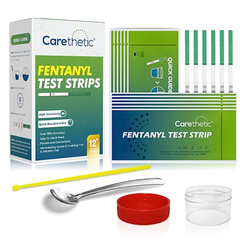 [12 Pack] Carethetic Fentanyl Test Strips Kit - Rapid Drug Testing for Pills, Powder, Liquid with Micro Scoop, Crusher & Specimen Cup