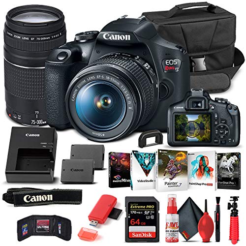 Canon EOS Rebel T7 DSLR Camera with 18-55mm and 75-300mm Lenses (2727C021), 64GB Card, Corel Photo Software, LPE10 Battery, Card Reader, Deluxe Cleaning Set, Flex Tripod, Memory Wallet (Renewed)
