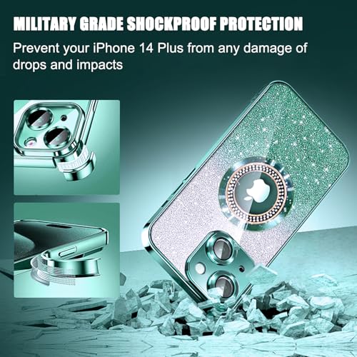 Image of Misscase for iPhone 14 Plus Magnetic Case Compatible with MagSafe,Full Protection Slim Shockproof Anti-Scratch Glitter Case with Camera Lens Protector Logo View Dust-Proof Net for Women Green