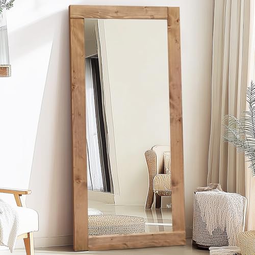 Image of 71x32in Full Length Mirror, Solid Wood Convex Frame, Light Brown